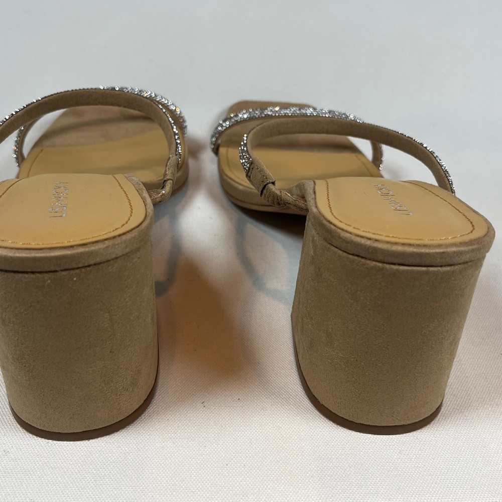 Lisa Vicky Nude Suede Rhinestone Block Heel Mood Sandals 11 NIB - Picture 4 of 7
